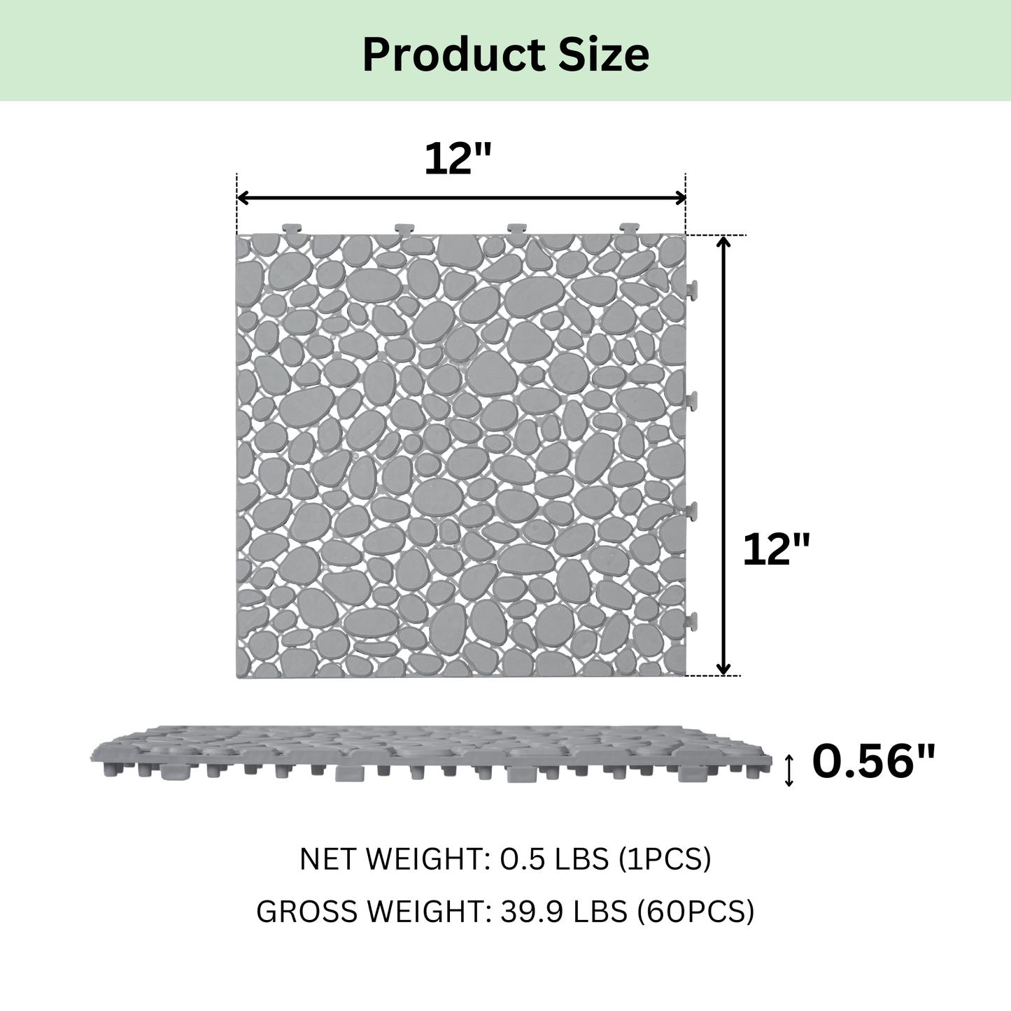 12 x 12 Inch Gray Interlocking Deck Tiles Plastic Waterproof Outdoor All Weather Anti-slip Bathroom Shower Balcony Porch Strong Weight Capacity Upto 440 LBS, Pebble Stone Pattern Pack of 60