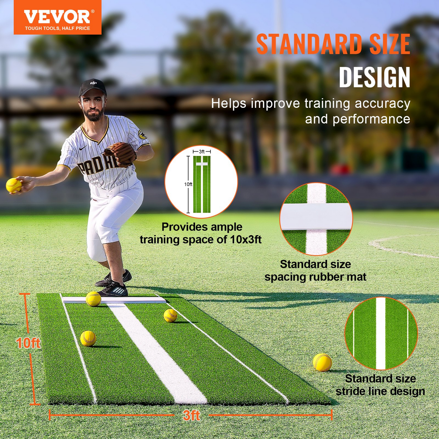 VEVOR Softball Pitching Mat, 10' x 3' Softball Pitching Mound, Antislip Antifade Rubber Softball Pitching Training Aid, Pitch Practice Mat for Pitchers Indoor Outdoor Pitching Practice, Green