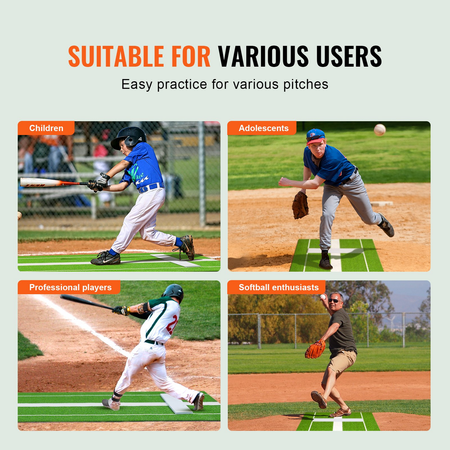 VEVOR Softball Pitching Mat, 10' x 3' Softball Pitching Mound, Antislip Antifade Rubber Softball Pitching Training Aid, Pitch Practice Mat for Pitchers Indoor Outdoor Pitching Practice, Green