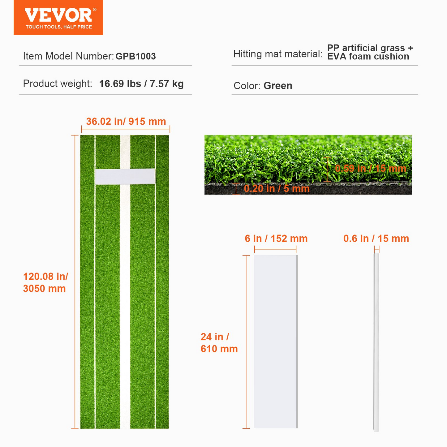 VEVOR Softball Pitching Mat, 10' x 3' Softball Pitching Mound, Antislip Antifade Rubber Softball Pitching Training Aid, Pitch Practice Mat for Pitchers Indoor Outdoor Pitching Practice, Green