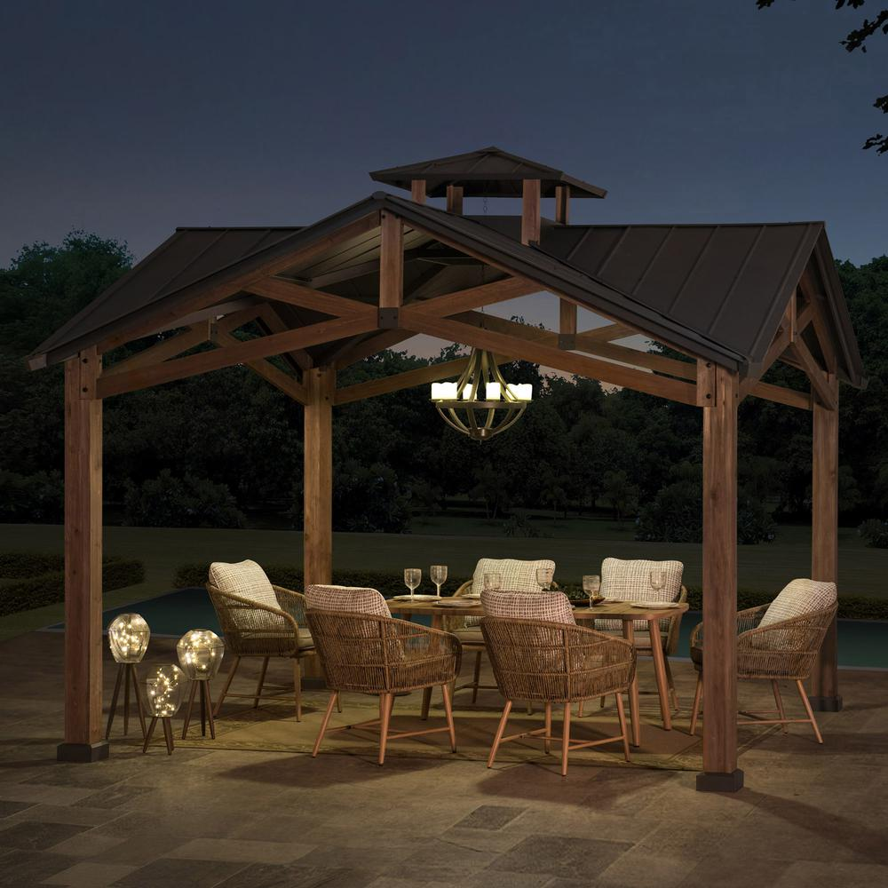 Bella Outdoor Patio Cedar Frame Gazebo with Steel 2-Tier Hardtop Roof