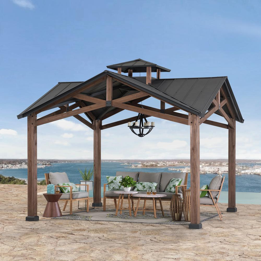 Bella Outdoor Patio Cedar Frame Gazebo with Steel 2-Tier Hardtop Roof