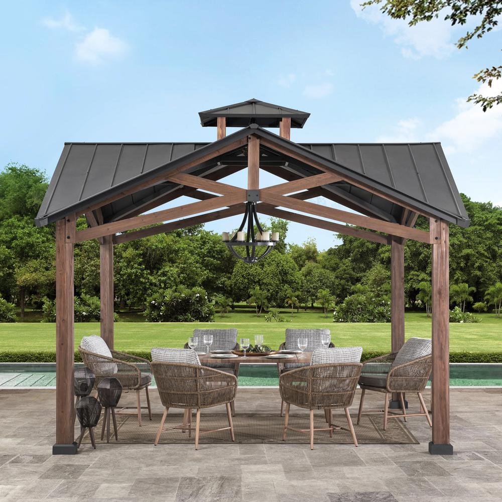 Bella Outdoor Patio Cedar Frame Gazebo with Steel 2-Tier Hardtop Roof