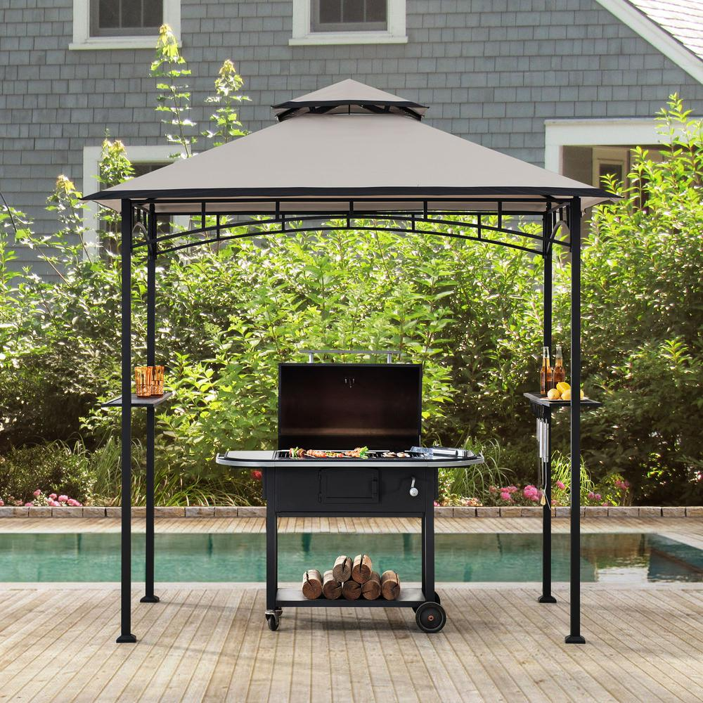 5 ft. x 8 ft. Black Steel 2-tier Grill Gazebo with Gray and Black Canopy