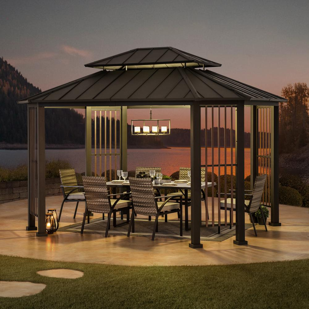 Sunjoy 11 x 13 ft Hardtop Gazebo Outdoor 2-Tier Steel Hardtop Metal Gazebo