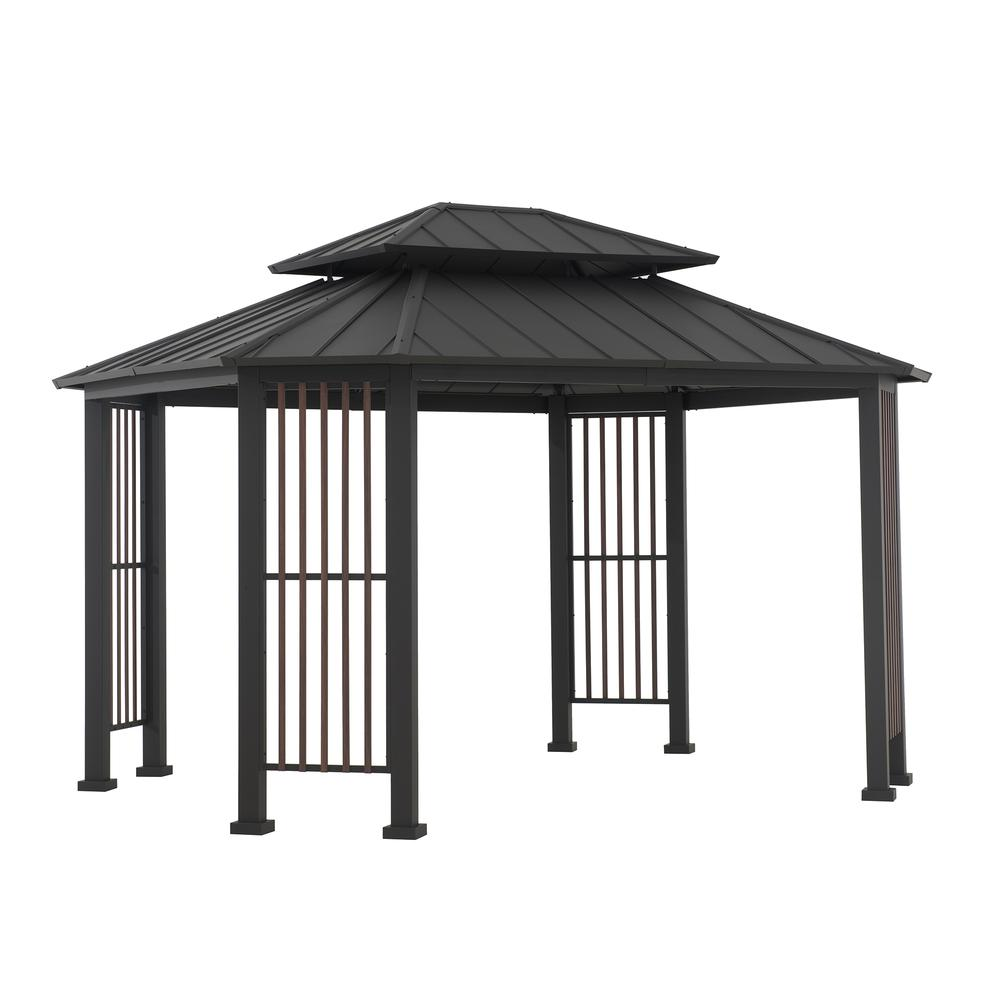 Sunjoy 11 x 13 ft Hardtop Gazebo Outdoor 2-Tier Steel Hardtop Metal Gazebo