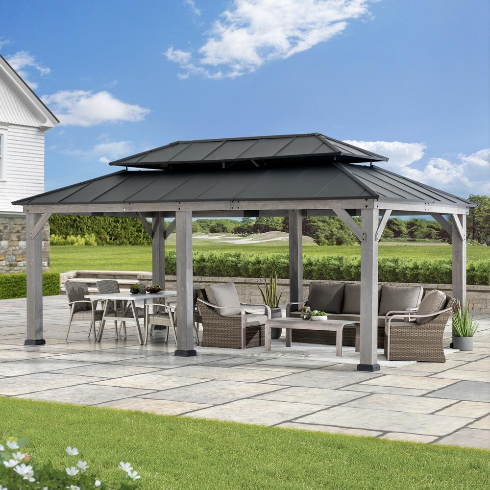 Wood Gazebo, Outdoor Patio Aluminum Hardtop Gazebo, Cedar Framed Wooden Gazebo