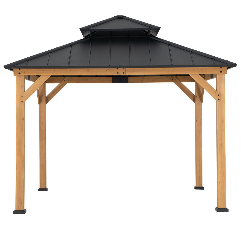 Wood Gazebo with 2-tier Metal Roof, for Patios, Lawn, and Backyard, Black