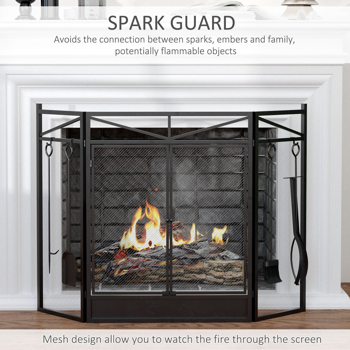 3-Panel Folding Fireplace Screen with 2 Magnetic Doors and Fire Place Tools Set, Fire Spark Guard for Wood Burning, with Brush, Shovel, Poker, Firewood Tongs, 48" x 0.75", Black