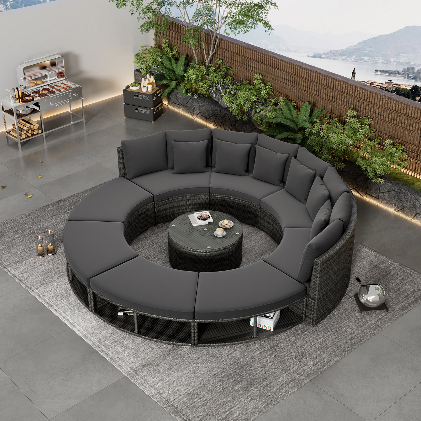 9-Piece Outdoor Patio Furniture Luxury Circular Outdoor Sofa Set Rattan Wicker Sectional Sofa Lounge Set with Tempered Glass Coffee Table, 6 Pillows, Grey