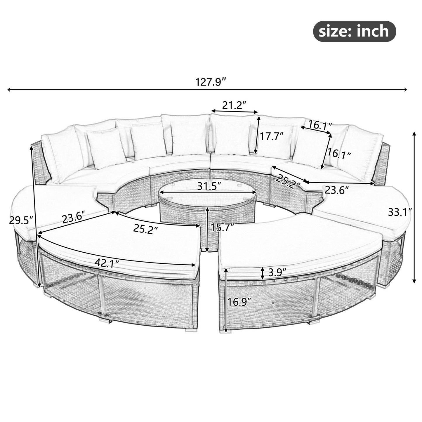 9-Piece Outdoor Patio Furniture Luxury Circular Outdoor Sofa Set Rattan Wicker Sectional Sofa Lounge Set with Tempered Glass Coffee Table, 6 Pillows, Grey