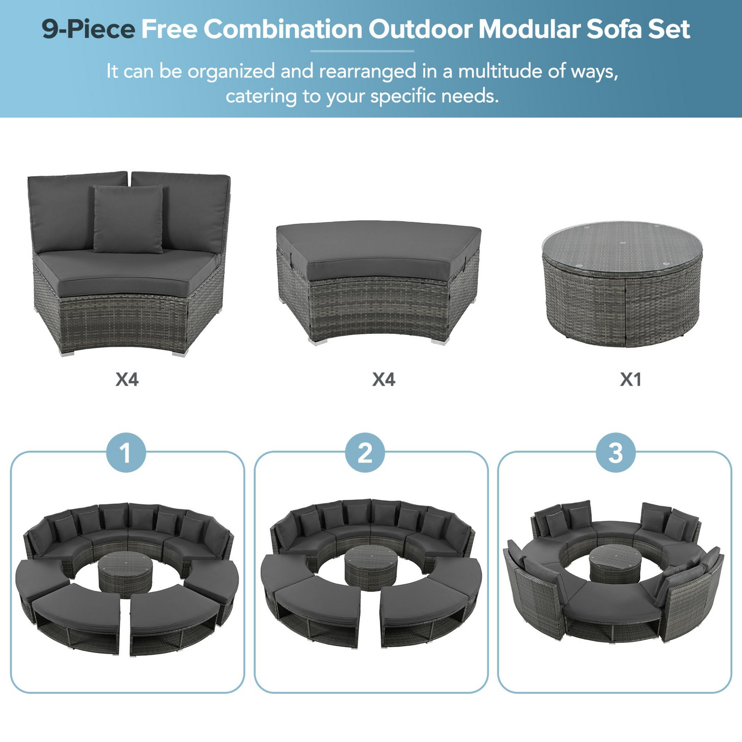 9-Piece Outdoor Patio Furniture Luxury Circular Outdoor Sofa Set Rattan Wicker Sectional Sofa Lounge Set with Tempered Glass Coffee Table, 6 Pillows, Grey