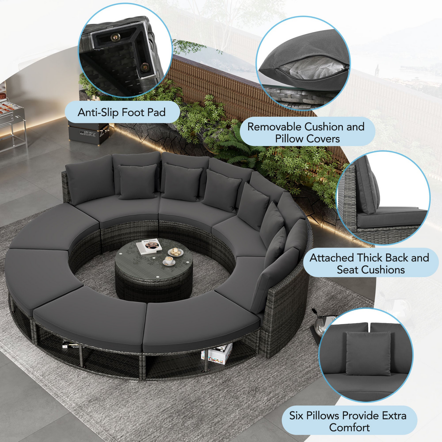 9-Piece Outdoor Patio Furniture Luxury Circular Outdoor Sofa Set Rattan Wicker Sectional Sofa Lounge Set with Tempered Glass Coffee Table, 6 Pillows, Grey