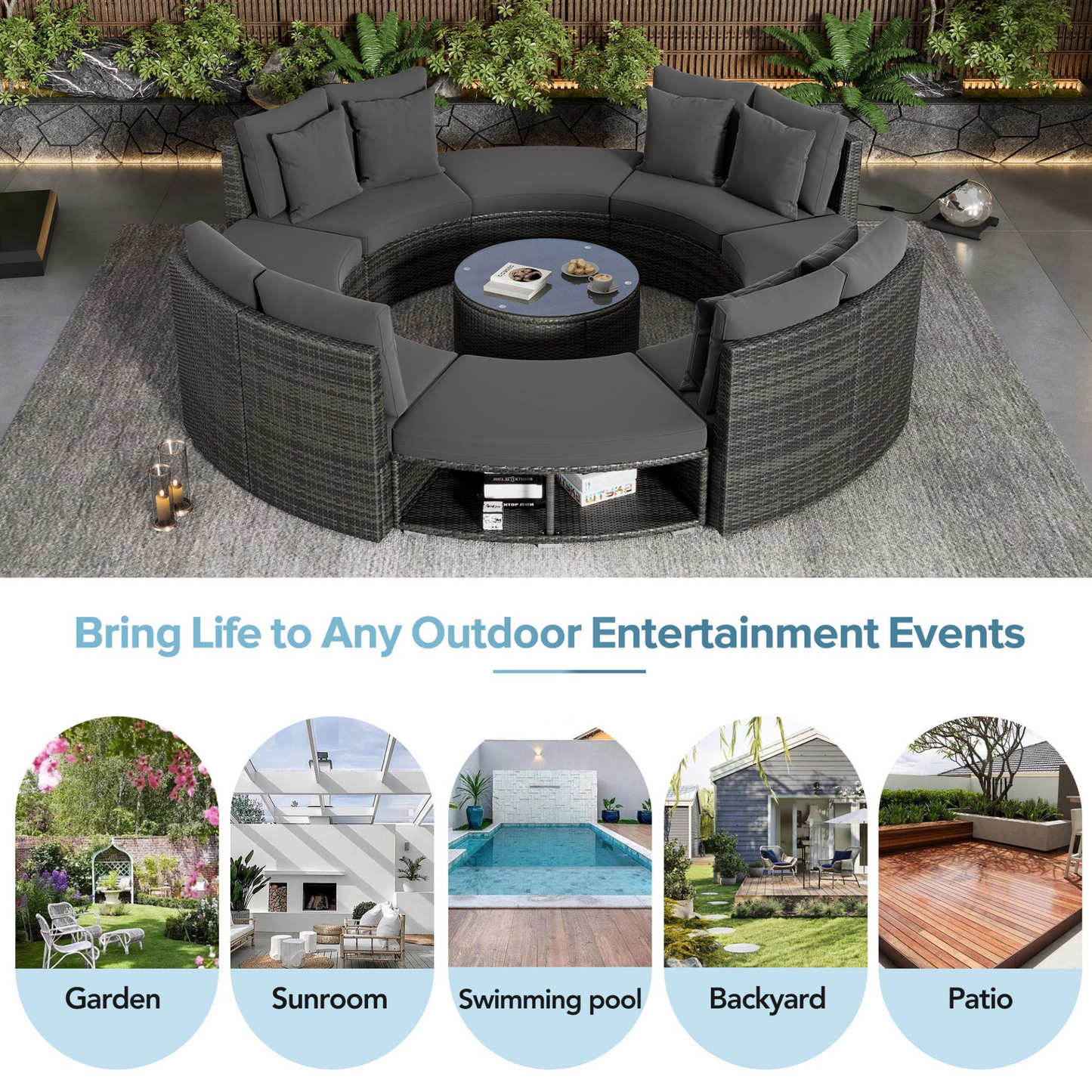 9-Piece Outdoor Patio Furniture Luxury Circular Outdoor Sofa Set Rattan Wicker Sectional Sofa Lounge Set with Tempered Glass Coffee Table, 6 Pillows, Grey