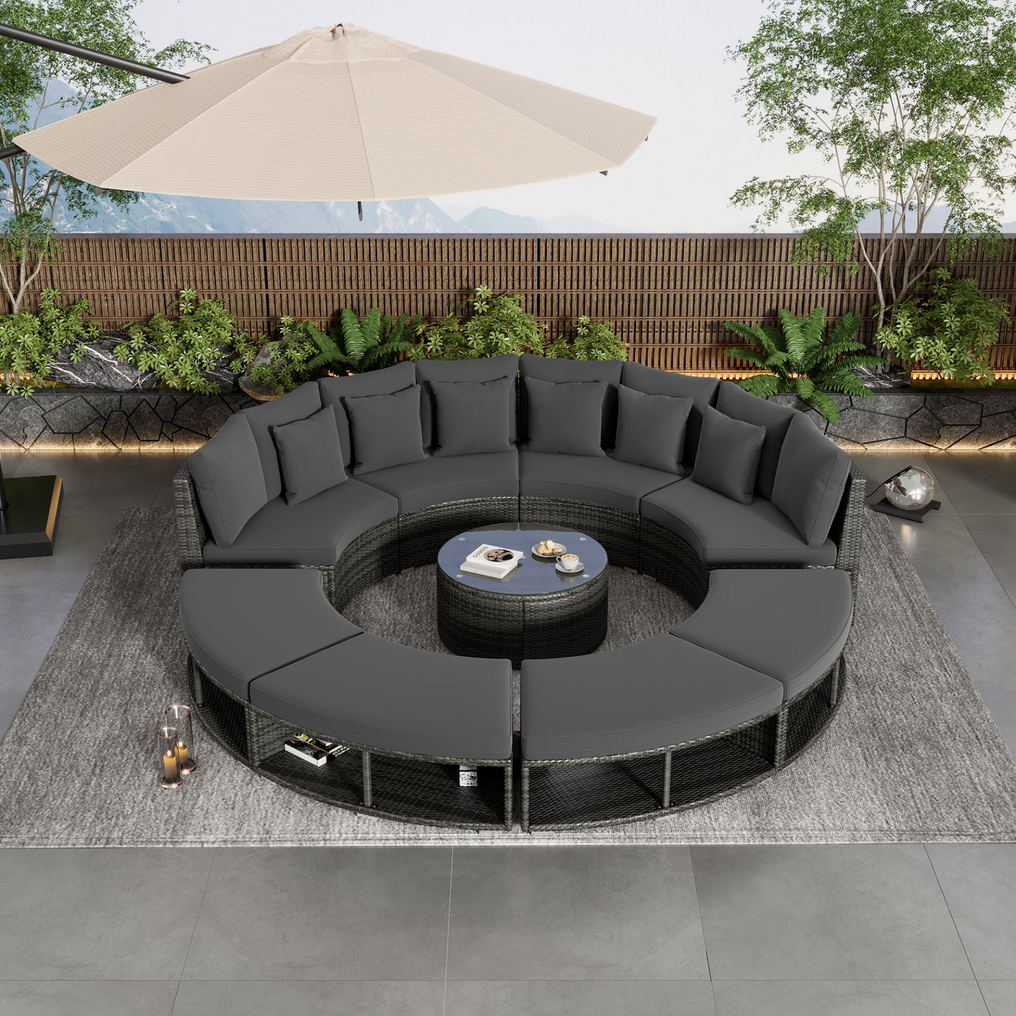 9-Piece Outdoor Patio Furniture Luxury Circular Outdoor Sofa Set Rattan Wicker Sectional Sofa Lounge Set with Tempered Glass Coffee Table, 6 Pillows, Grey