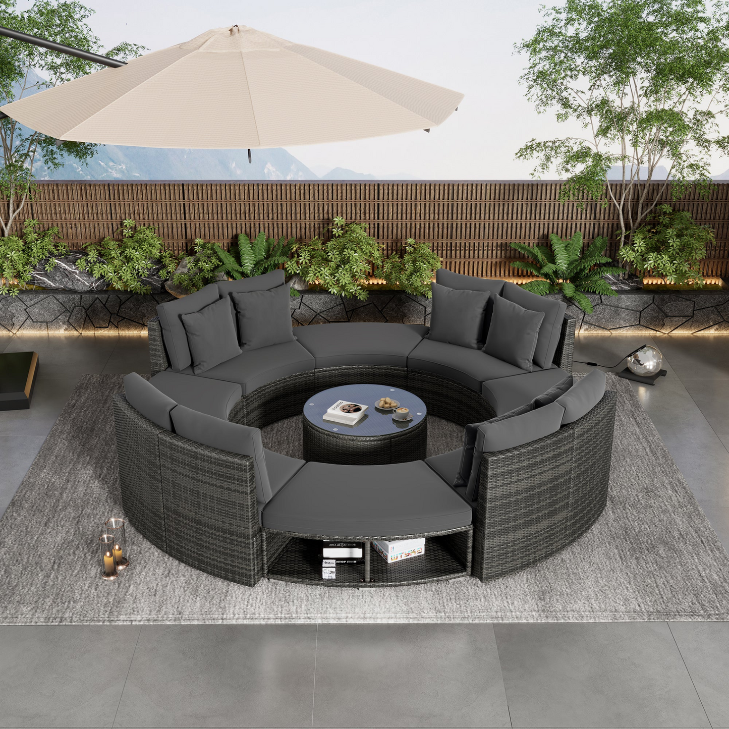 9-Piece Outdoor Patio Furniture Luxury Circular Outdoor Sofa Set Rattan Wicker Sectional Sofa Lounge Set with Tempered Glass Coffee Table, 6 Pillows, Grey