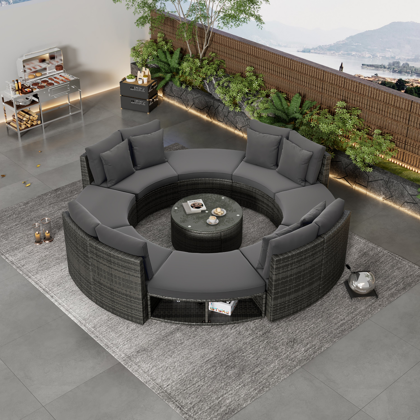 9-Piece Outdoor Patio Furniture Luxury Circular Outdoor Sofa Set Rattan Wicker Sectional Sofa Lounge Set with Tempered Glass Coffee Table, 6 Pillows, Grey