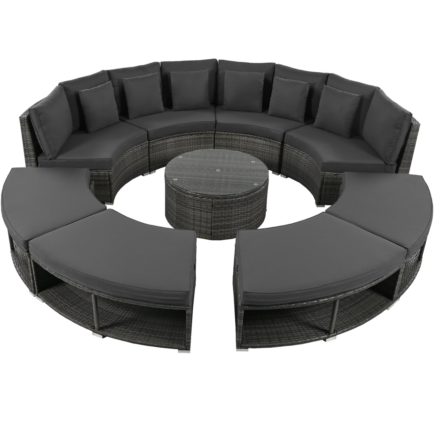 9-Piece Outdoor Patio Furniture Luxury Circular Outdoor Sofa Set Rattan Wicker Sectional Sofa Lounge Set with Tempered Glass Coffee Table, 6 Pillows, Grey