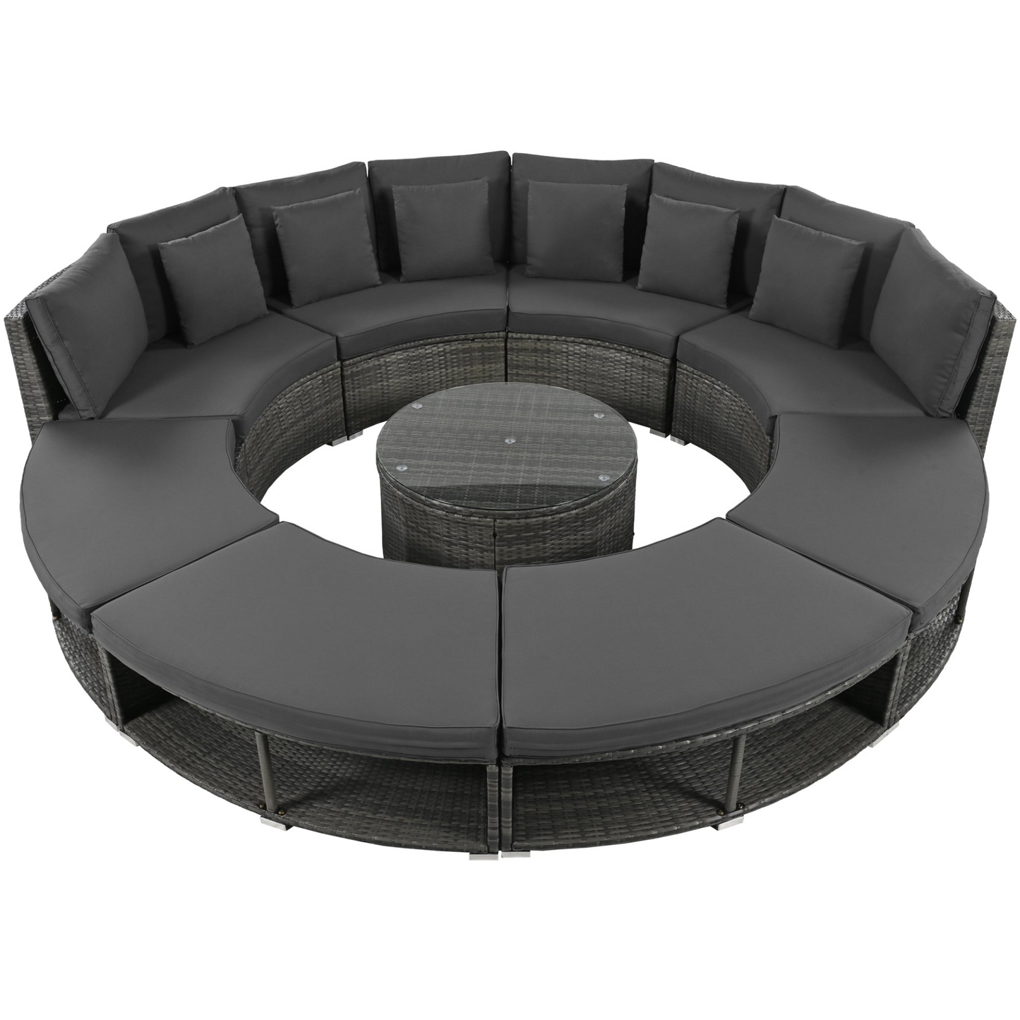 9-Piece Outdoor Patio Furniture Luxury Circular Outdoor Sofa Set Rattan Wicker Sectional Sofa Lounge Set with Tempered Glass Coffee Table, 6 Pillows, Grey