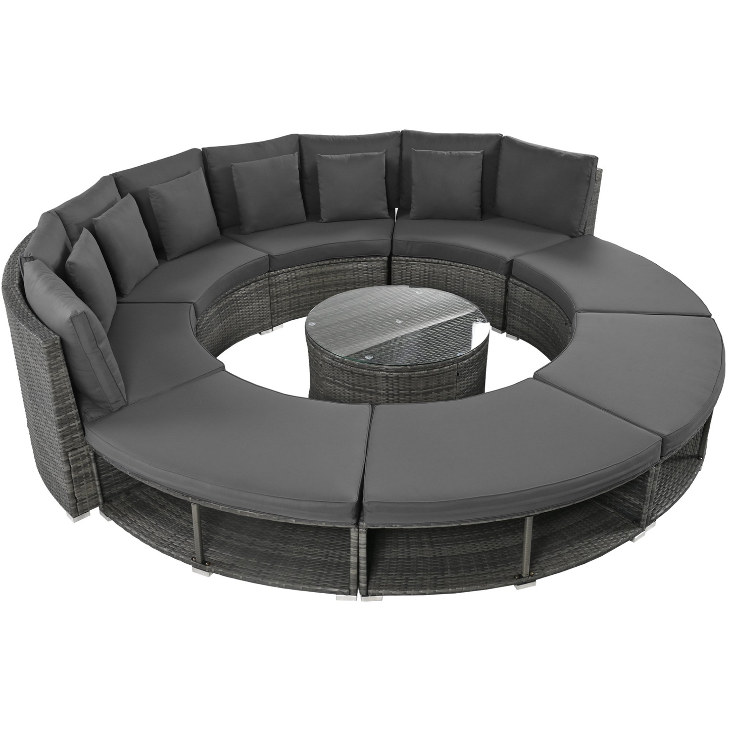 9-Piece Outdoor Patio Furniture Luxury Circular Outdoor Sofa Set Rattan Wicker Sectional Sofa Lounge Set with Tempered Glass Coffee Table, 6 Pillows, Grey