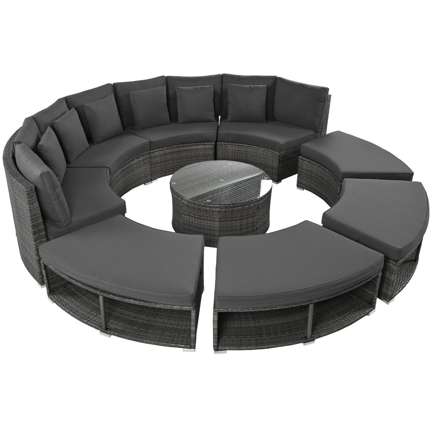 9-Piece Outdoor Patio Furniture Luxury Circular Outdoor Sofa Set Rattan Wicker Sectional Sofa Lounge Set with Tempered Glass Coffee Table, 6 Pillows, Grey