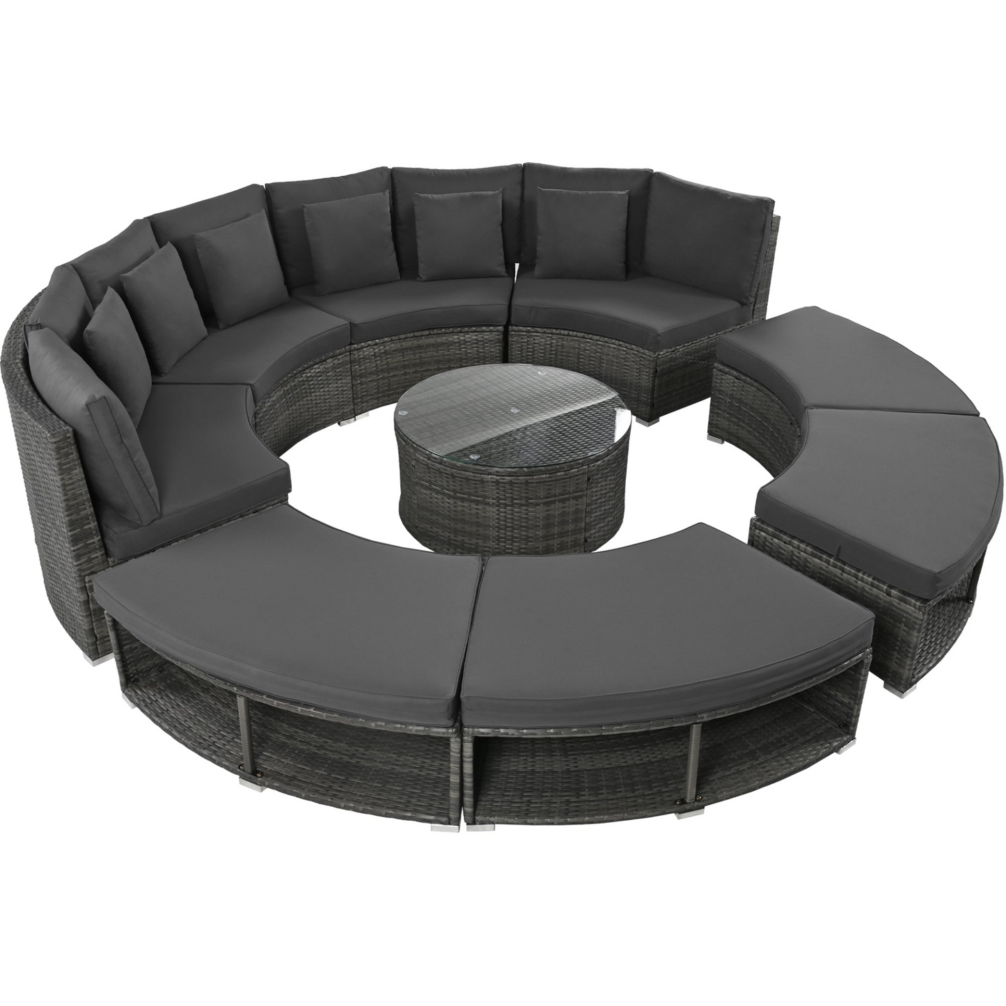 9-Piece Outdoor Patio Furniture Luxury Circular Outdoor Sofa Set Rattan Wicker Sectional Sofa Lounge Set with Tempered Glass Coffee Table, 6 Pillows, Grey