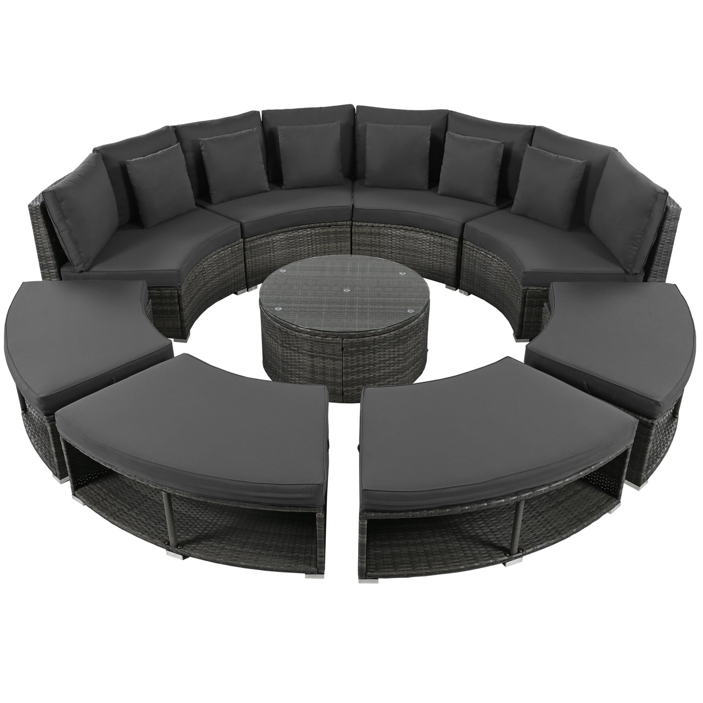 9-Piece Outdoor Patio Furniture Luxury Circular Outdoor Sofa Set Rattan Wicker Sectional Sofa Lounge Set with Tempered Glass Coffee Table, 6 Pillows, Grey