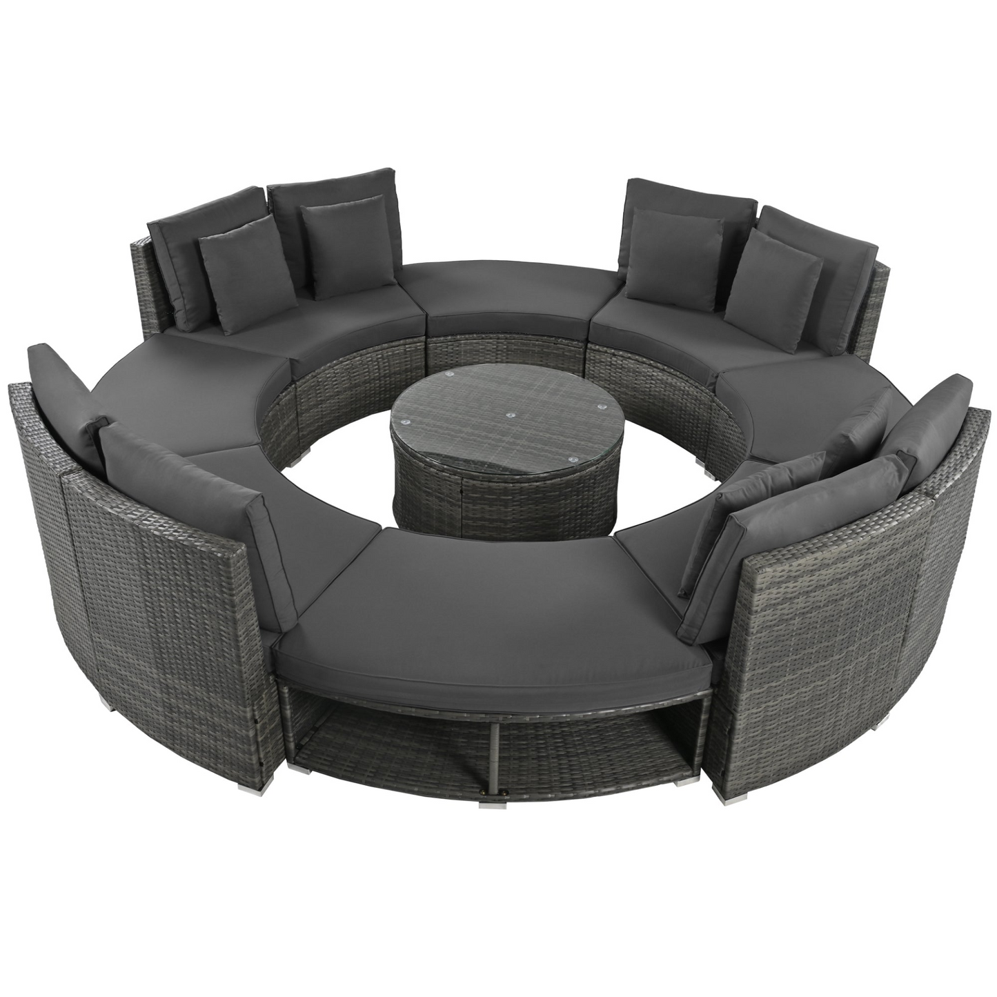 9-Piece Outdoor Patio Furniture Luxury Circular Outdoor Sofa Set Rattan Wicker Sectional Sofa Lounge Set with Tempered Glass Coffee Table, 6 Pillows, Grey