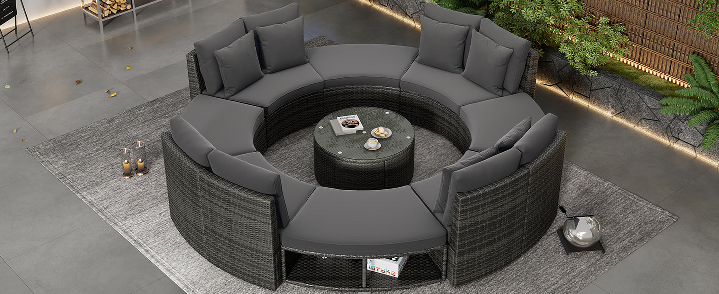 9-Piece Outdoor Patio Furniture Luxury Circular Outdoor Sofa Set Rattan Wicker Sectional Sofa Lounge Set with Tempered Glass Coffee Table, 6 Pillows, Grey