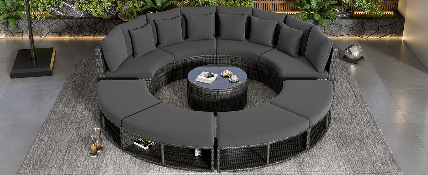 9-Piece Outdoor Patio Furniture Luxury Circular Outdoor Sofa Set Rattan Wicker Sectional Sofa Lounge Set with Tempered Glass Coffee Table, 6 Pillows, Grey