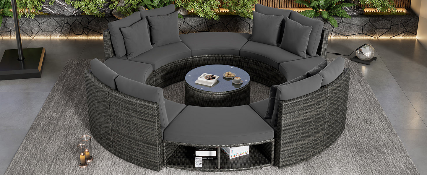 9-Piece Outdoor Patio Furniture Luxury Circular Outdoor Sofa Set Rattan Wicker Sectional Sofa Lounge Set with Tempered Glass Coffee Table, 6 Pillows, Grey