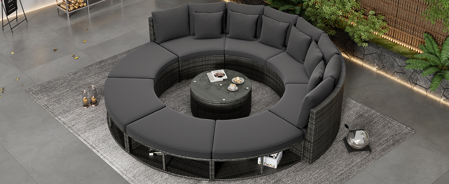 9-Piece Outdoor Patio Furniture Luxury Circular Outdoor Sofa Set Rattan Wicker Sectional Sofa Lounge Set with Tempered Glass Coffee Table, 6 Pillows, Grey