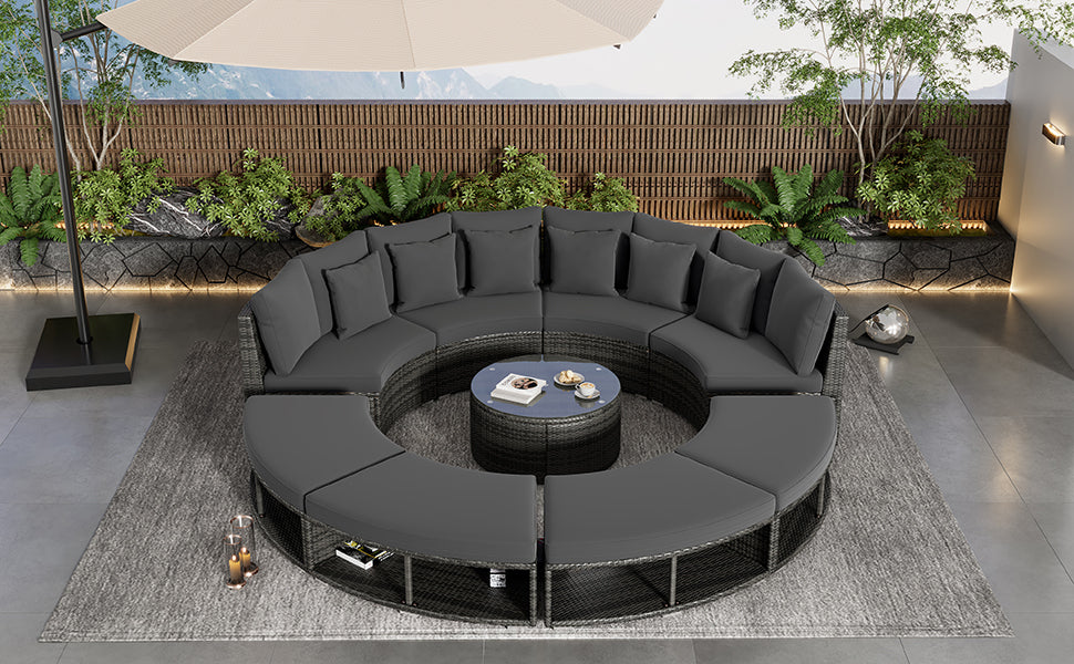 9-Piece Outdoor Patio Furniture Luxury Circular Outdoor Sofa Set Rattan Wicker Sectional Sofa Lounge Set with Tempered Glass Coffee Table, 6 Pillows, Grey