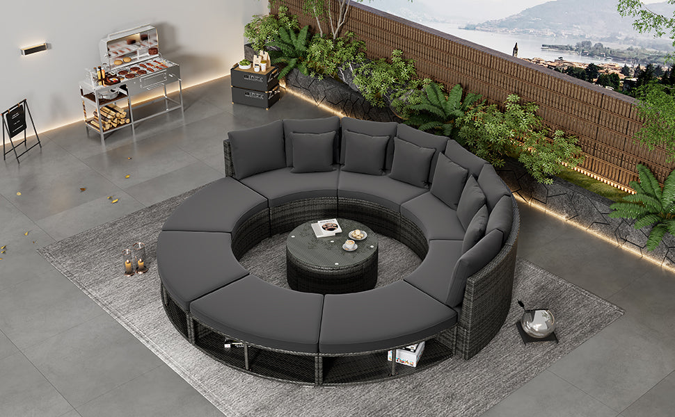 9-Piece Outdoor Patio Furniture Luxury Circular Outdoor Sofa Set Rattan Wicker Sectional Sofa Lounge Set with Tempered Glass Coffee Table, 6 Pillows, Grey