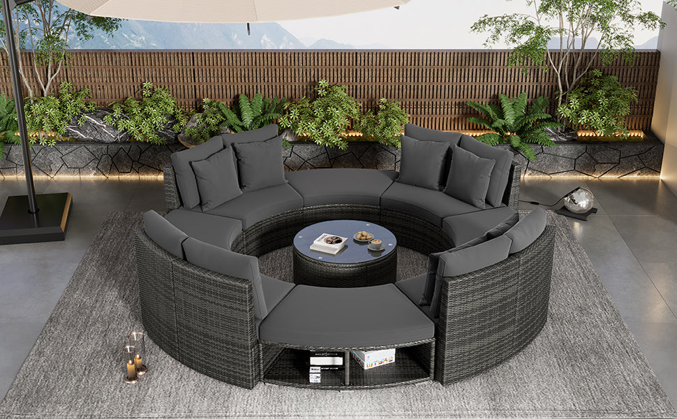 9-Piece Outdoor Patio Furniture Luxury Circular Outdoor Sofa Set Rattan Wicker Sectional Sofa Lounge Set with Tempered Glass Coffee Table, 6 Pillows, Grey