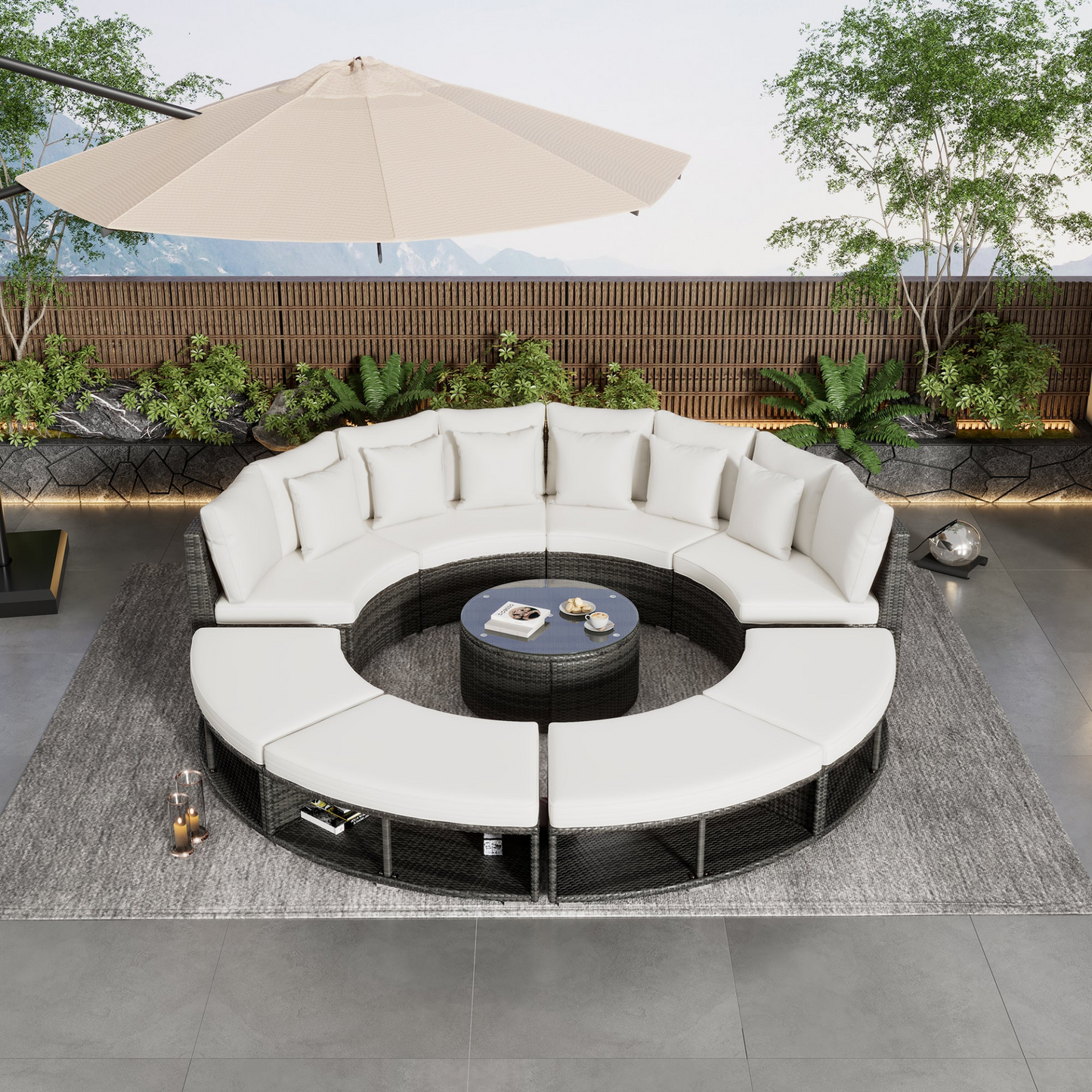 9-Piece Outdoor Patio Furniture Luxury Circular Outdoor Sofa Set Rattan Wicker Sectional Sofa Lounge Set with Tempered Glass Coffee Table, 6 Pillows,Beige