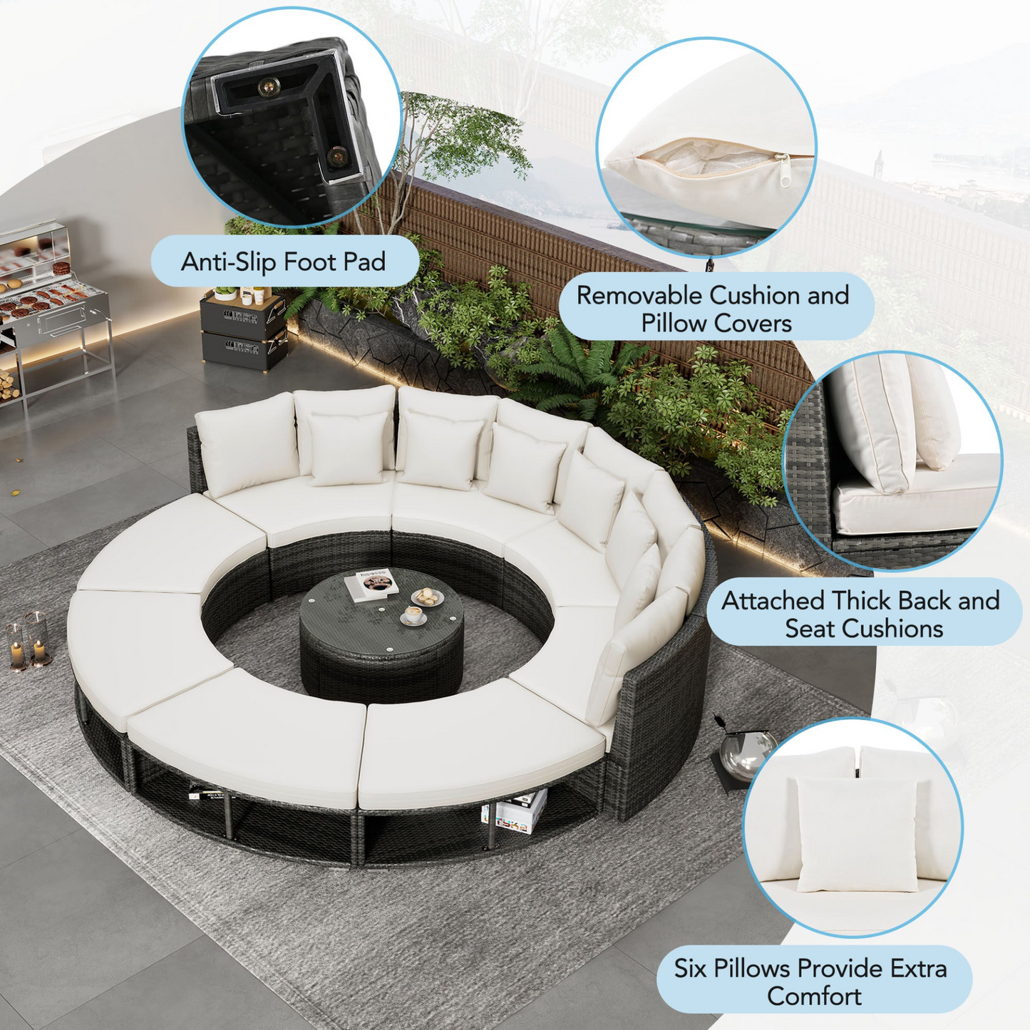 9-Piece Outdoor Patio Furniture Luxury Circular Outdoor Sofa Set Rattan Wicker Sectional Sofa Lounge Set with Tempered Glass Coffee Table, 6 Pillows,Beige