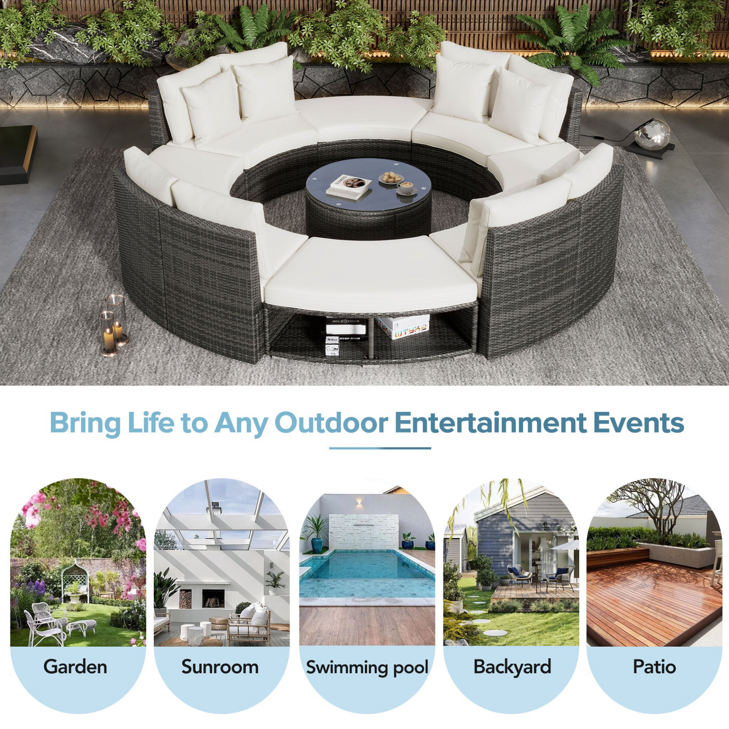 9-Piece Outdoor Patio Furniture Luxury Circular Outdoor Sofa Set Rattan Wicker Sectional Sofa Lounge Set with Tempered Glass Coffee Table, 6 Pillows,Beige