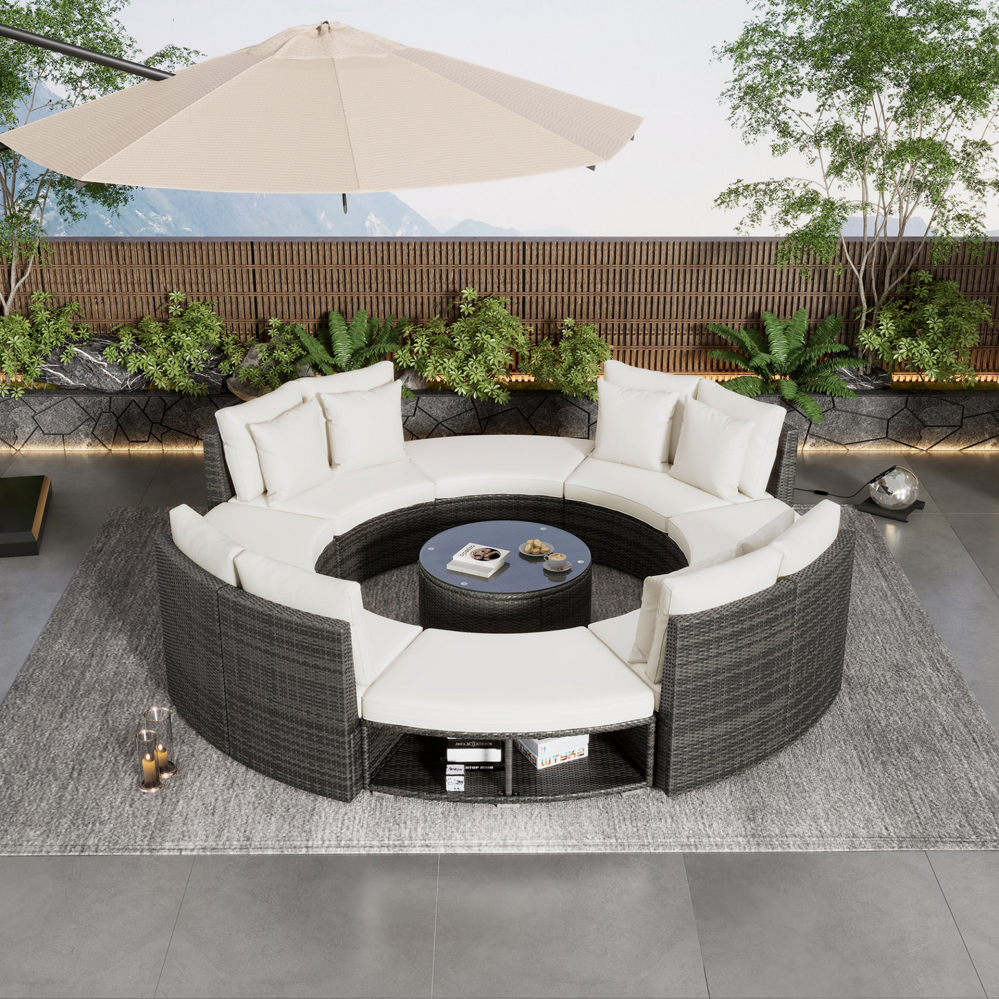 9-Piece Outdoor Patio Furniture Luxury Circular Outdoor Sofa Set Rattan Wicker Sectional Sofa Lounge Set with Tempered Glass Coffee Table, 6 Pillows,Beige