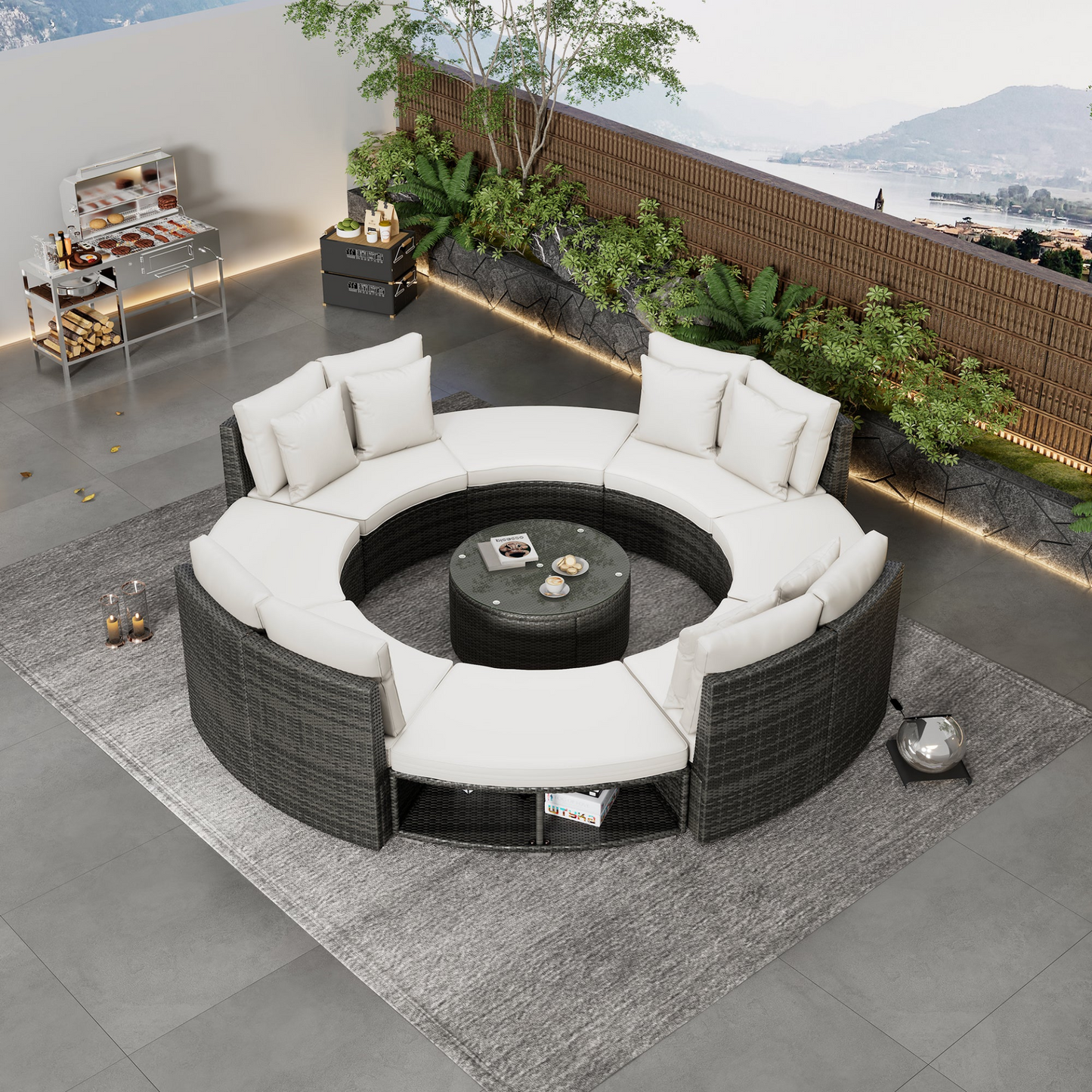 9-Piece Outdoor Patio Furniture Luxury Circular Outdoor Sofa Set Rattan Wicker Sectional Sofa Lounge Set with Tempered Glass Coffee Table, 6 Pillows,Beige