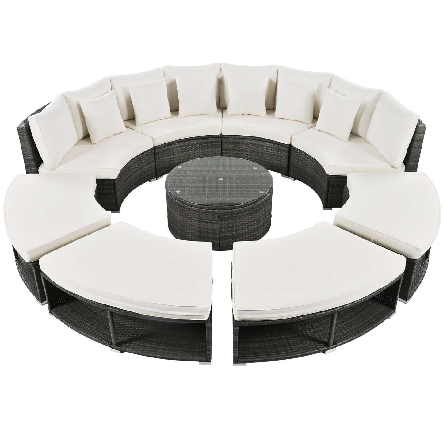 9-Piece Outdoor Patio Furniture Luxury Circular Outdoor Sofa Set Rattan Wicker Sectional Sofa Lounge Set with Tempered Glass Coffee Table, 6 Pillows,Beige