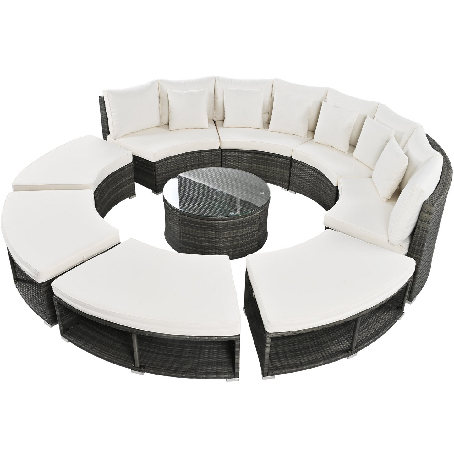 9-Piece Outdoor Patio Furniture Luxury Circular Outdoor Sofa Set Rattan Wicker Sectional Sofa Lounge Set with Tempered Glass Coffee Table, 6 Pillows,Beige