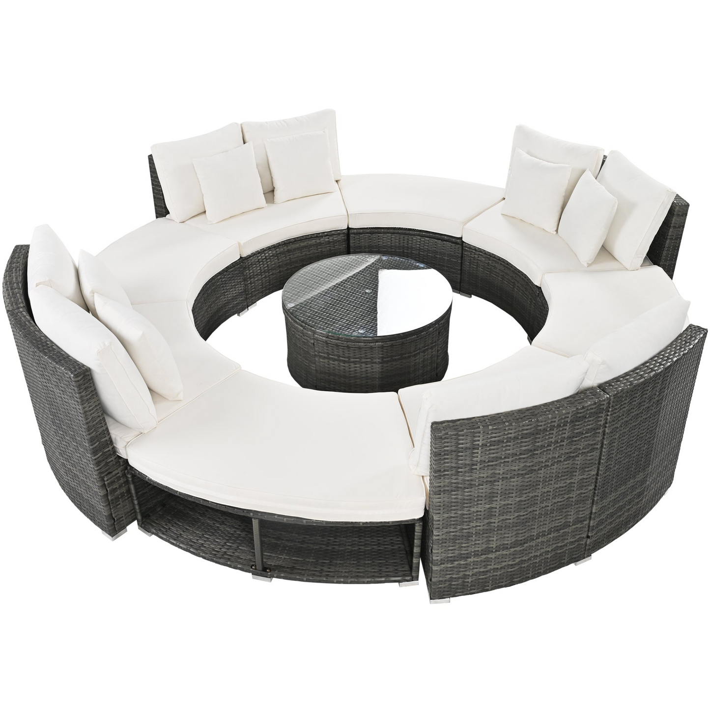 9-Piece Outdoor Patio Furniture Luxury Circular Outdoor Sofa Set Rattan Wicker Sectional Sofa Lounge Set with Tempered Glass Coffee Table, 6 Pillows,Beige