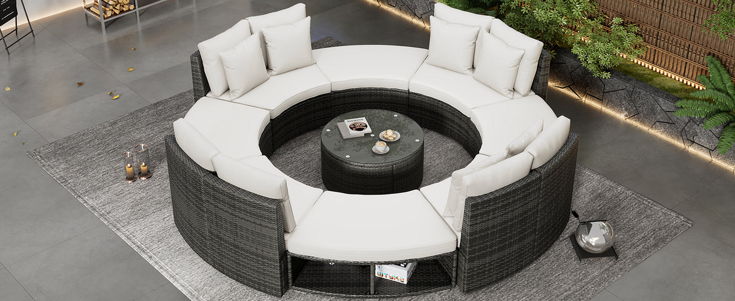 9-Piece Outdoor Patio Furniture Luxury Circular Outdoor Sofa Set Rattan Wicker Sectional Sofa Lounge Set with Tempered Glass Coffee Table, 6 Pillows,Beige