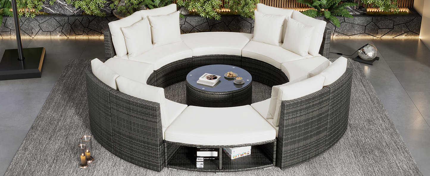 9-Piece Outdoor Patio Furniture Luxury Circular Outdoor Sofa Set Rattan Wicker Sectional Sofa Lounge Set with Tempered Glass Coffee Table, 6 Pillows,Beige