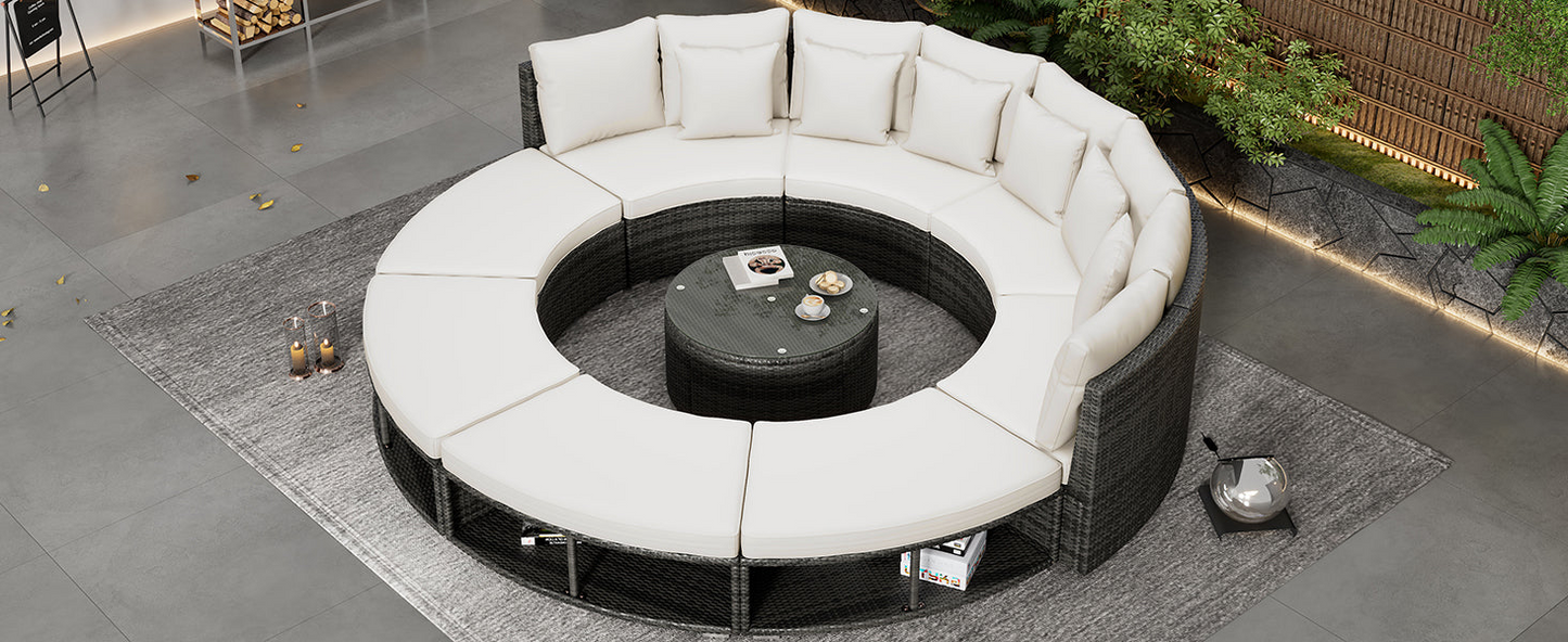 9-Piece Outdoor Patio Furniture Luxury Circular Outdoor Sofa Set Rattan Wicker Sectional Sofa Lounge Set with Tempered Glass Coffee Table, 6 Pillows,Beige