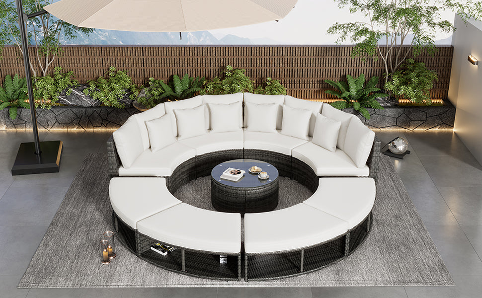 9-Piece Outdoor Patio Furniture Luxury Circular Outdoor Sofa Set Rattan Wicker Sectional Sofa Lounge Set with Tempered Glass Coffee Table, 6 Pillows,Beige