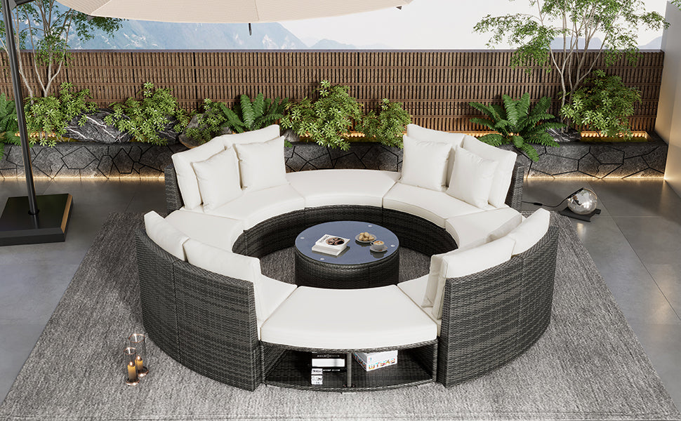 9-Piece Outdoor Patio Furniture Luxury Circular Outdoor Sofa Set Rattan Wicker Sectional Sofa Lounge Set with Tempered Glass Coffee Table, 6 Pillows,Beige