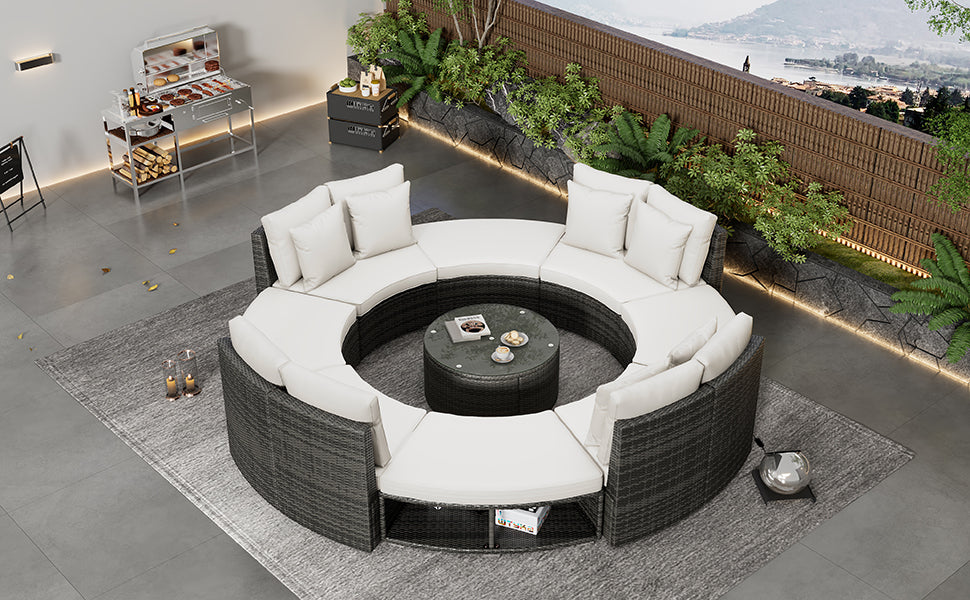 9-Piece Outdoor Patio Furniture Luxury Circular Outdoor Sofa Set Rattan Wicker Sectional Sofa Lounge Set with Tempered Glass Coffee Table, 6 Pillows,Beige