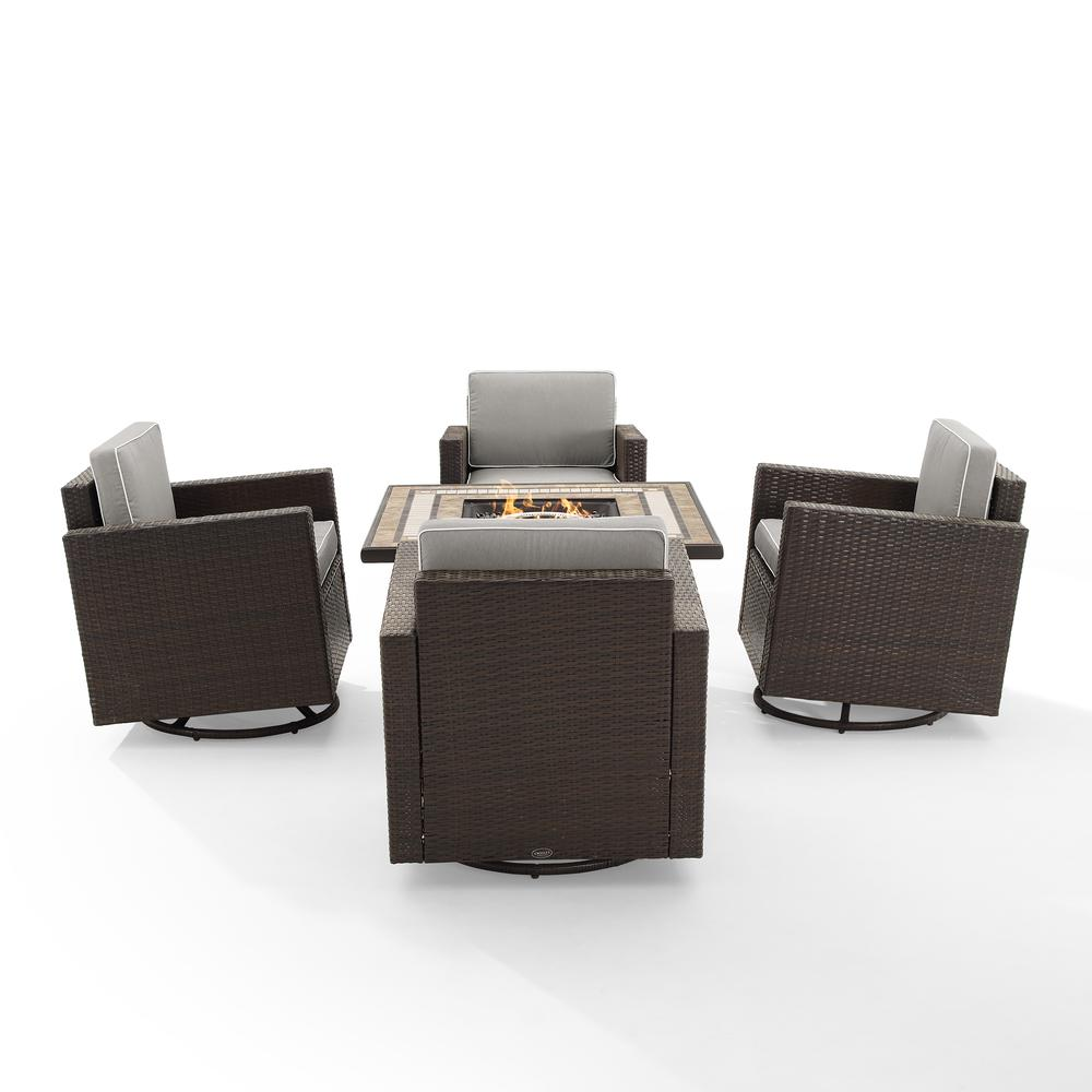 Palm Harbor 5Pc Outdoor Wicker Conversation Set W/Fire Table Gray/Brown - Tucson Fire Table & 4 Swivel Rocking Chairs